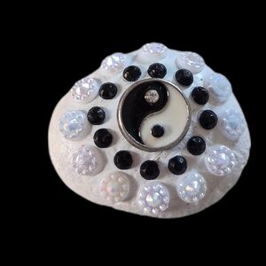 BLACK & WHITE HAND PAINTED ROCK WITH YIN YANG CHARM